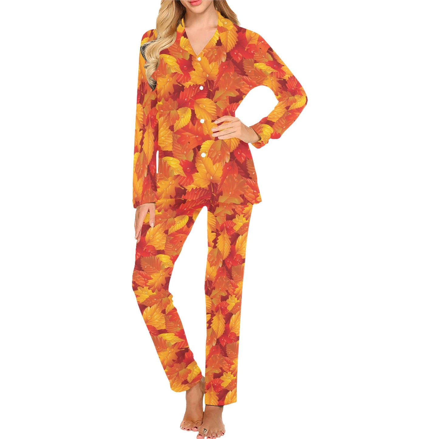 Elm Leave Autum Print Pattern Women's Long Pajama Set