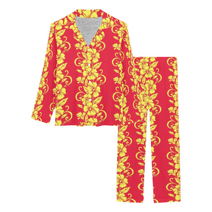 Orange Hibiscus Pattern Print Design HB018 Women's Long Pajama Set
