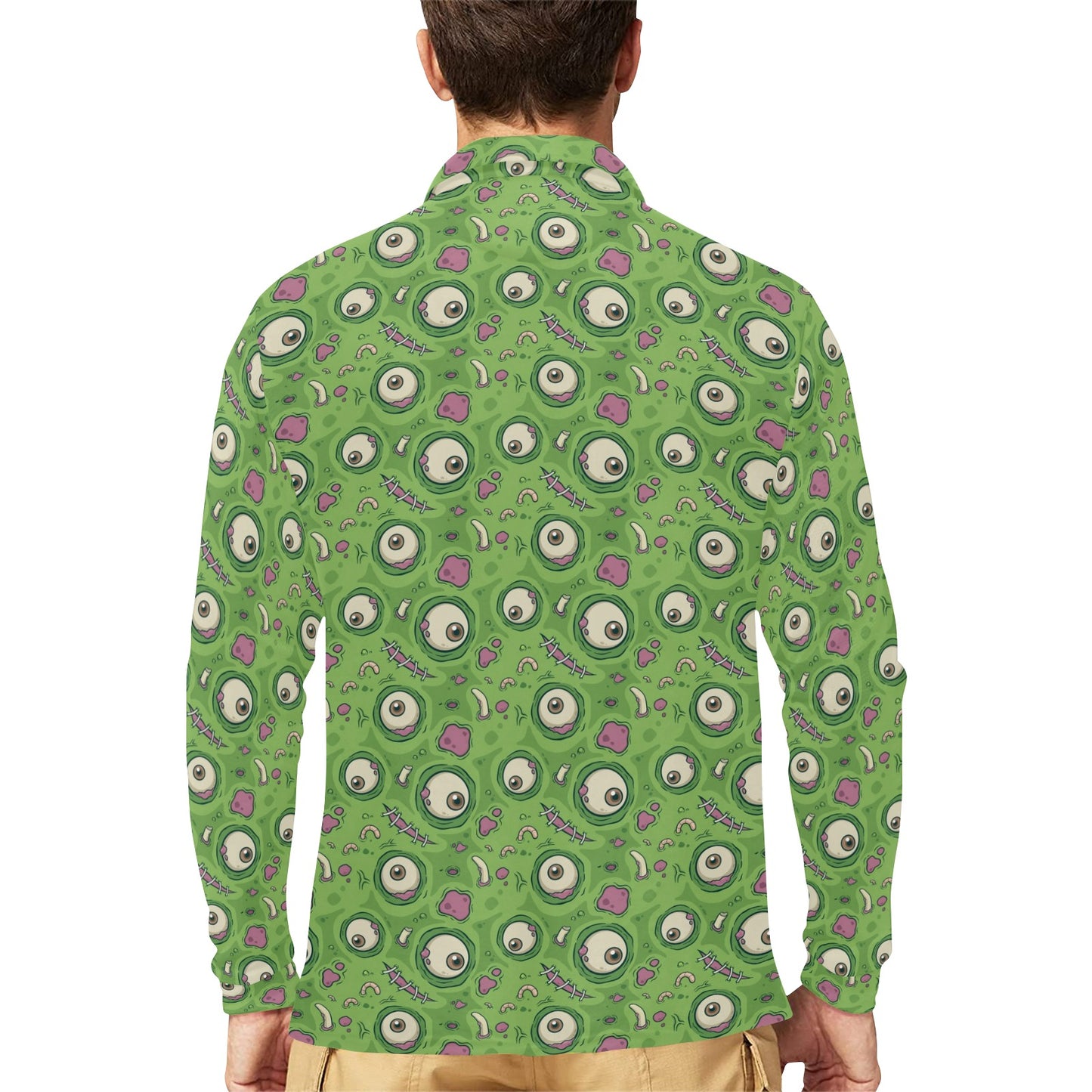 Zombie Eyes Design Pattern Print Long Sleeve Polo Shirt For Men's