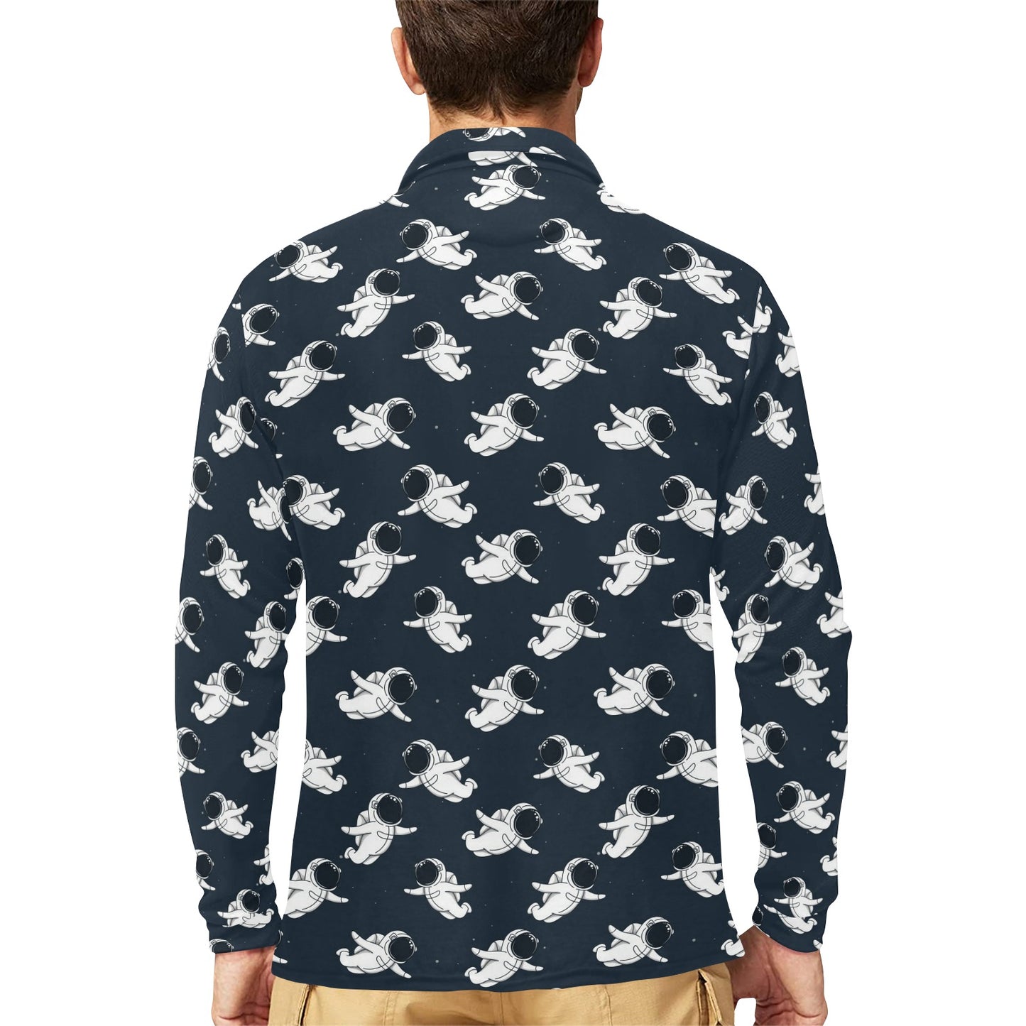 Astronaut Pattern Print Design 02 Long Sleeve Polo Shirt For Men's