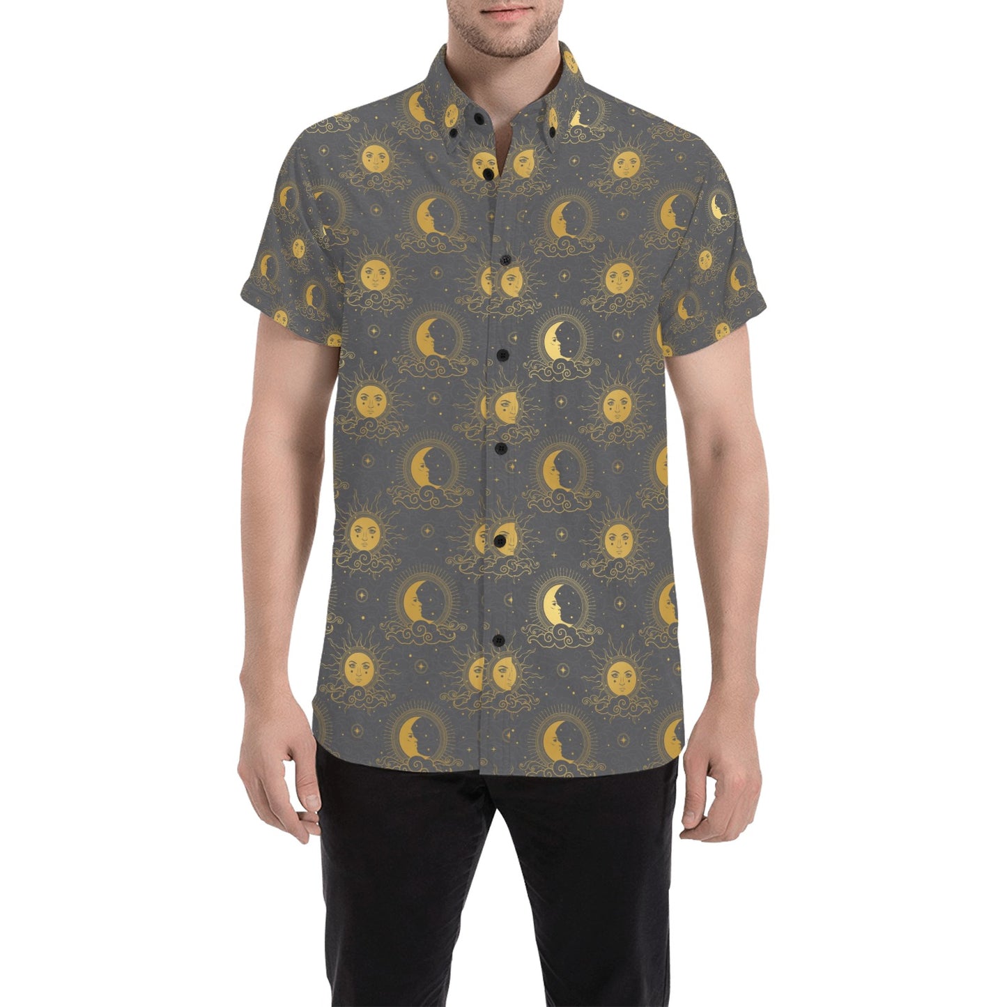 Sun Moon Print Design LKS305 Men Short Sleeve Button Up Shirt