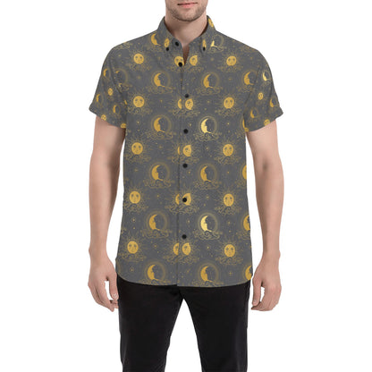 Sun Moon Print Design LKS305 Men Short Sleeve Button Up Shirt