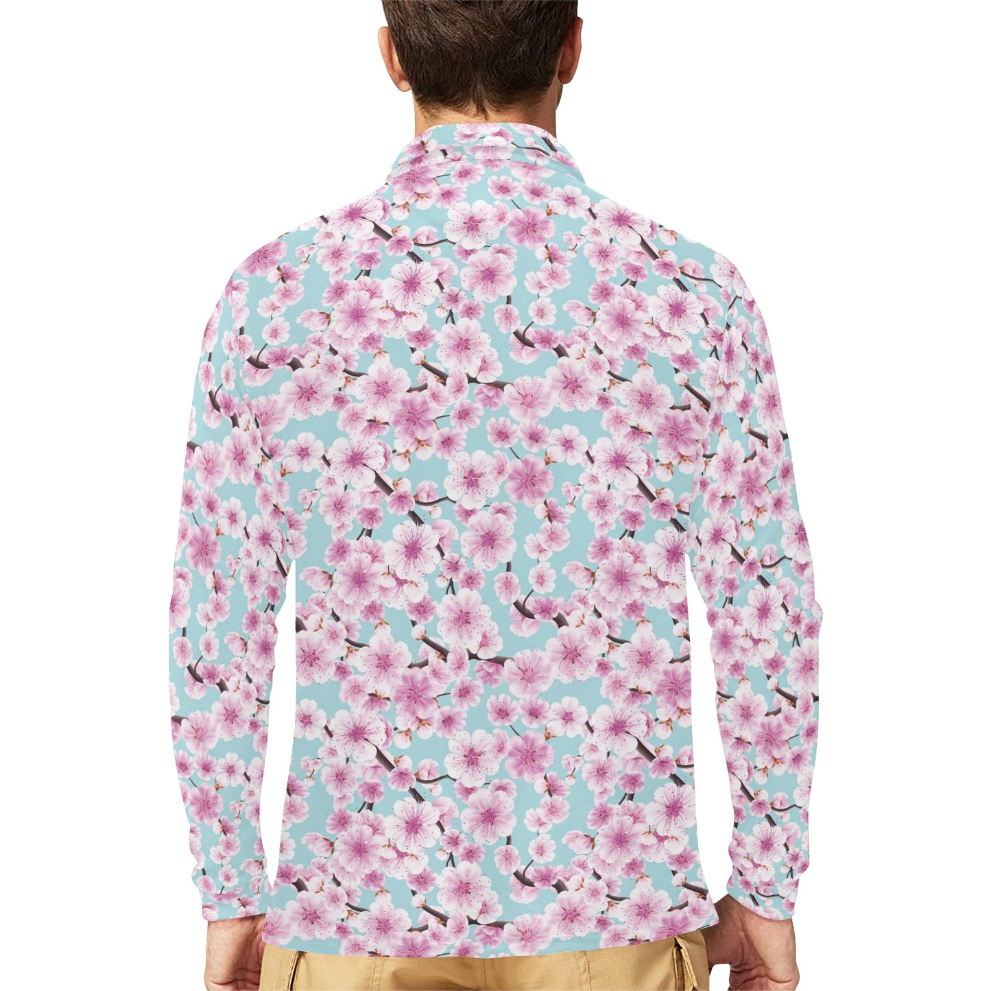 Cherry Blossom Pattern Print Design 01 Long Sleeve Polo Shirt For Men's