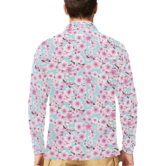 Cherry Blossom Pattern Print Design 01 Long Sleeve Polo Shirt For Men's
