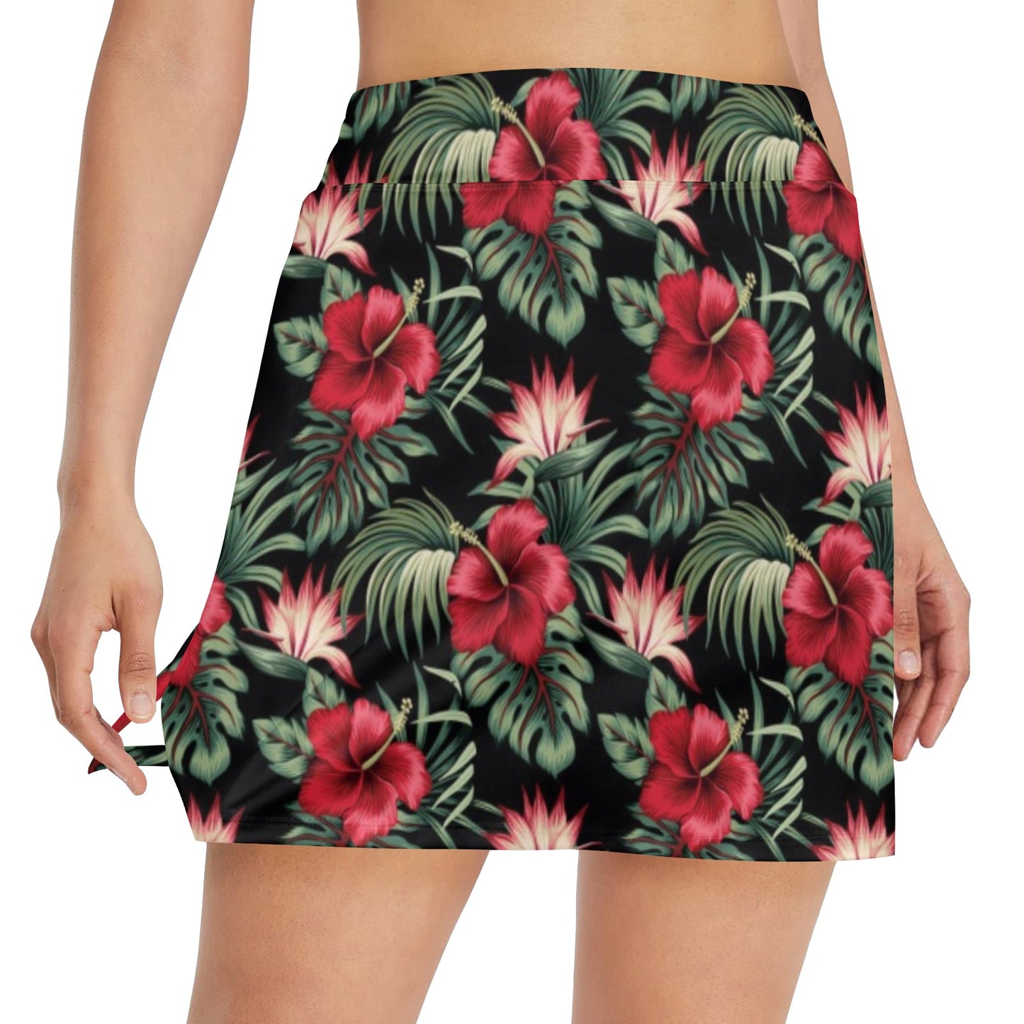 Flower Hawaiian Red Hibiscus Design Print 17" Golf & Pickleball Skort with Pockets