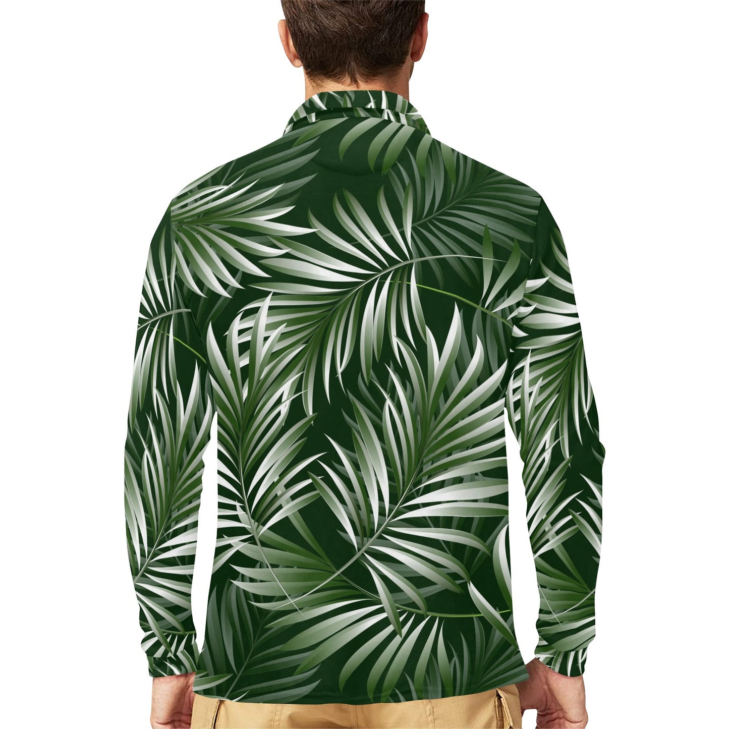 White Green Tropical Palm Leaves Long Sleeve Polo Shirt For Men's