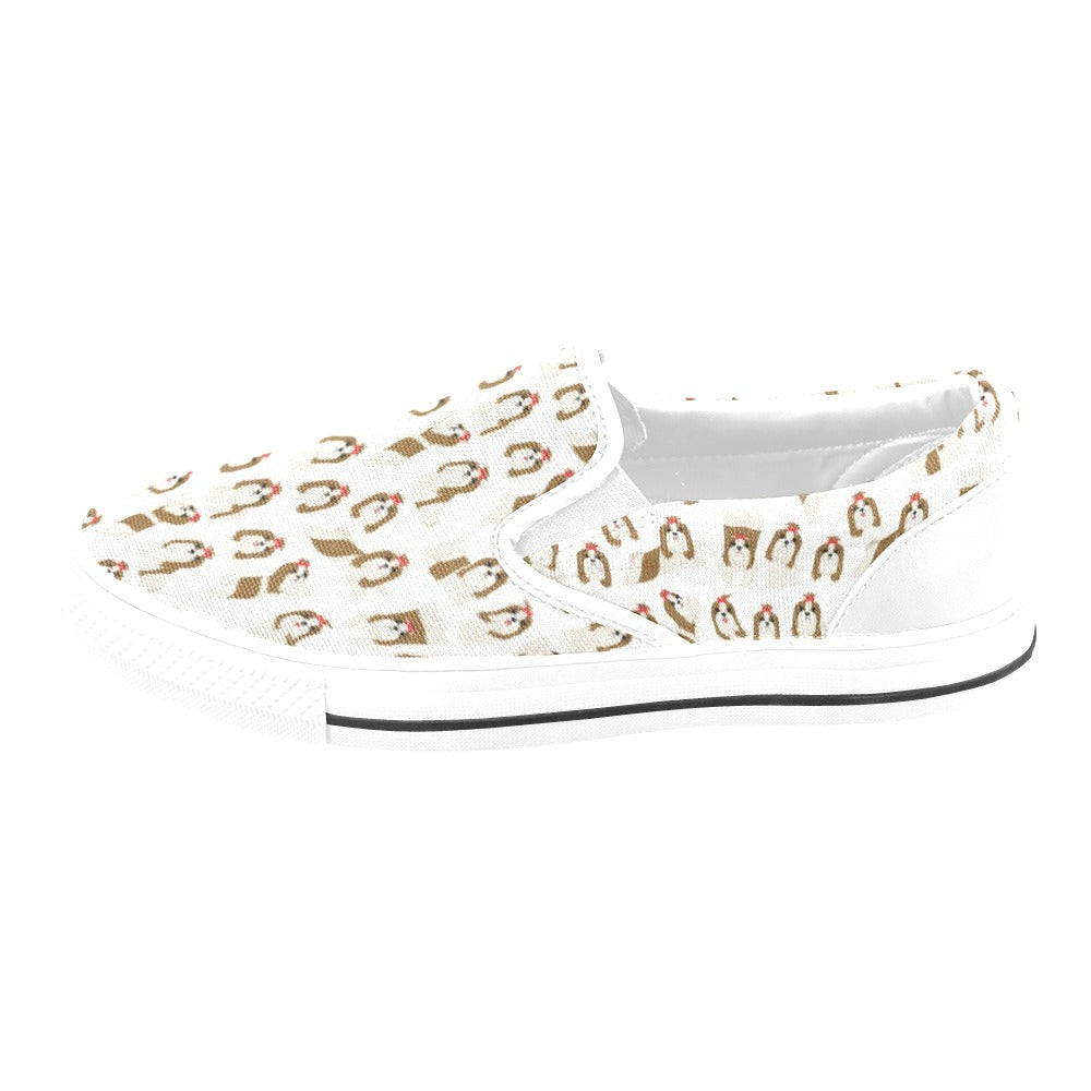 Shih Tzu Print Design LKS302 White Slip Ons Canvas Women's Shoes