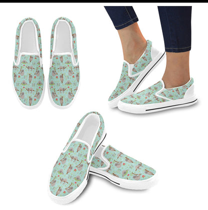 Sloth Print Design LKS305 White Slip Ons Canvas Women's Shoes