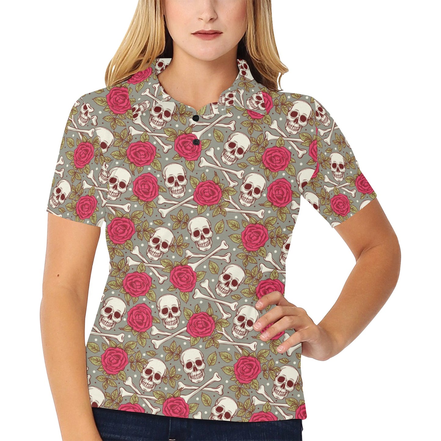 Skull Bone Rose Print Design LKS303 Women's Polo Shirt