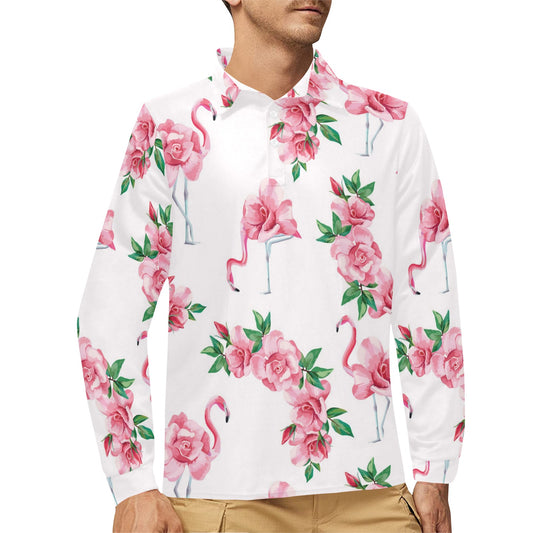 Flamingo Rose Pattern Long Sleeve Polo Shirt For Men's