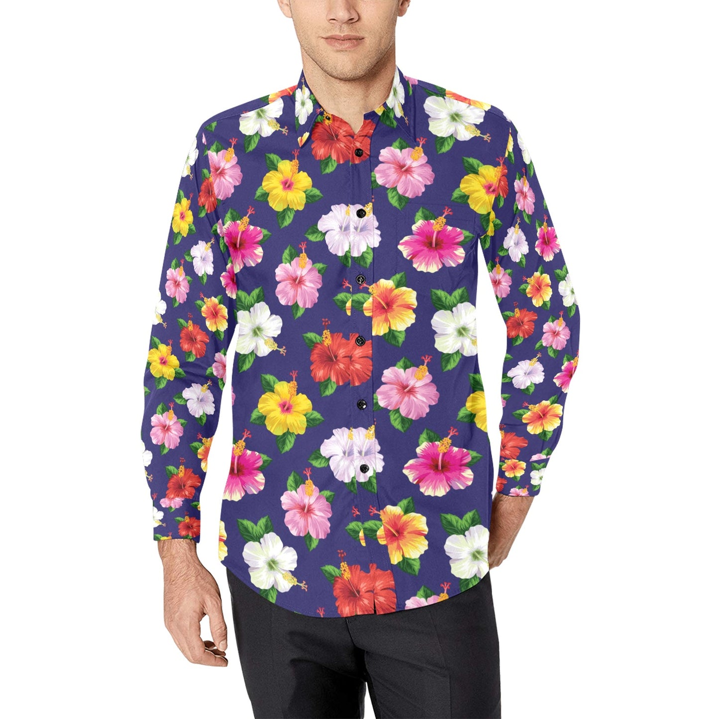 Hibiscus Colorful Print Design LKS301 Men's Long Sleeve Dress Shirt