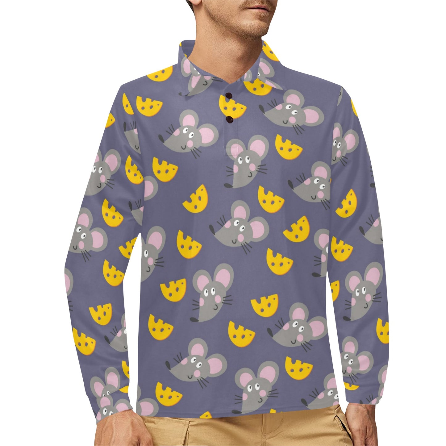 Rat With Cheese Pattern Print Design 01 Long Sleeve Polo Shirt For Men's
