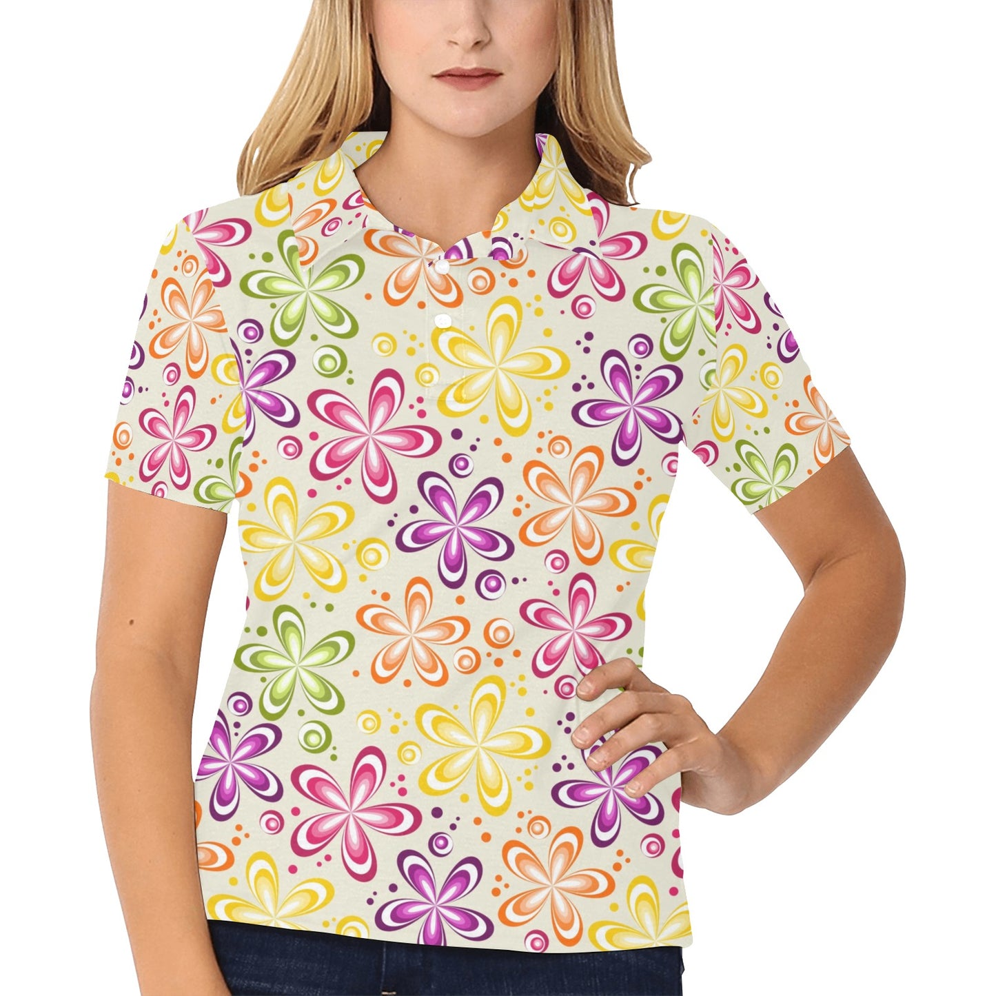 Flower Power Colorful Design Print Women's Polo Shirt