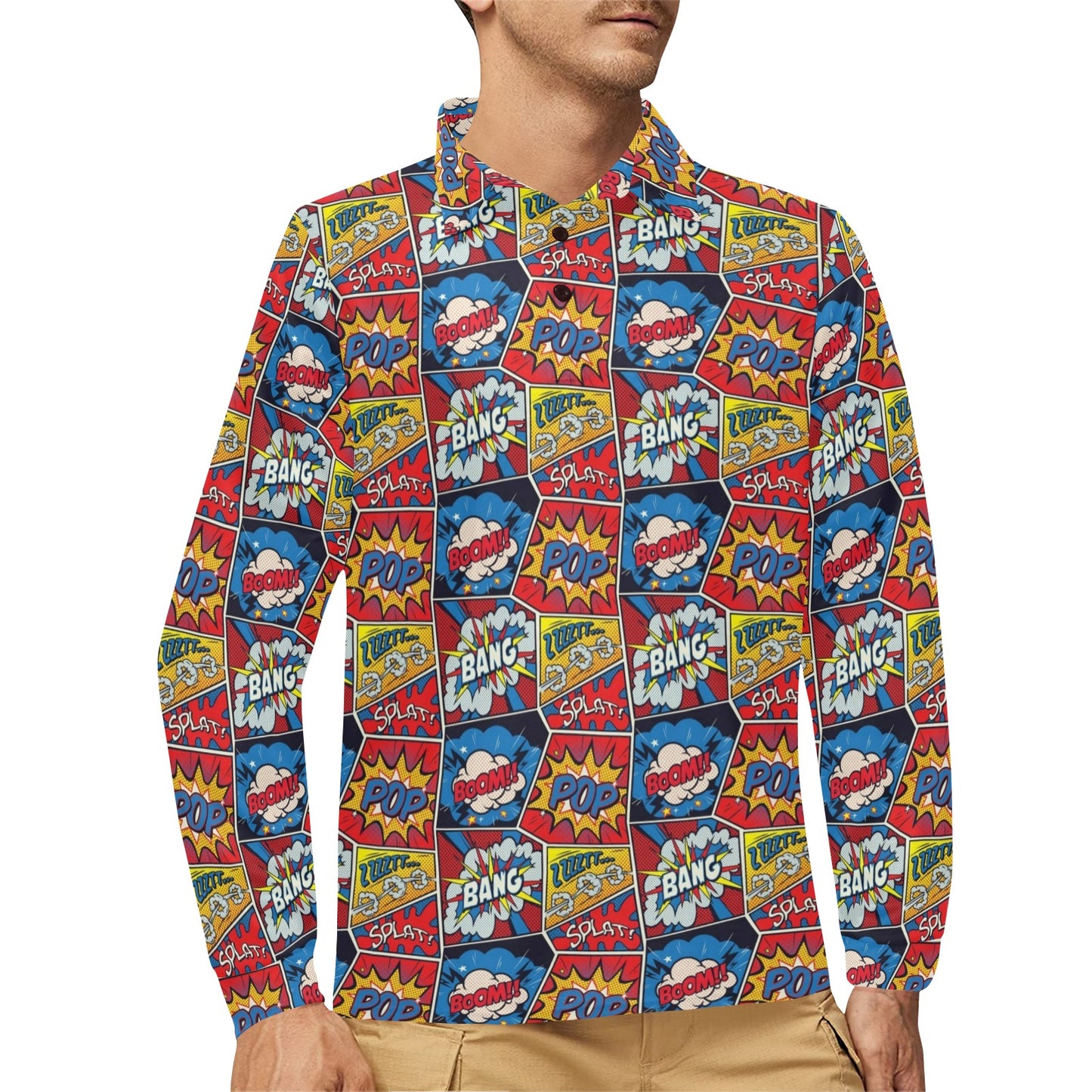 Comic Book Pattern Print Design 03 Long Sleeve Polo Shirt For Men's