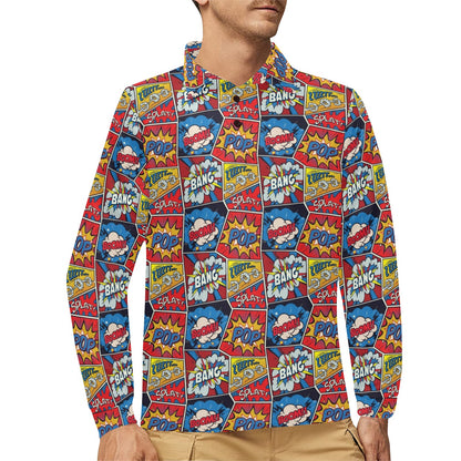 Comic Book Pattern Print Design 03 Long Sleeve Polo Shirt For Men's