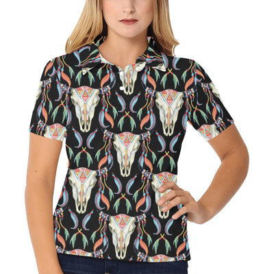 Buffalo Head Boho Style Pattern Print Design 01 Women's Polo Shirt