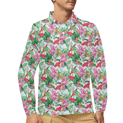 Tropical Flower Print Design LKS304 Long Sleeve Polo Shirt For Men's