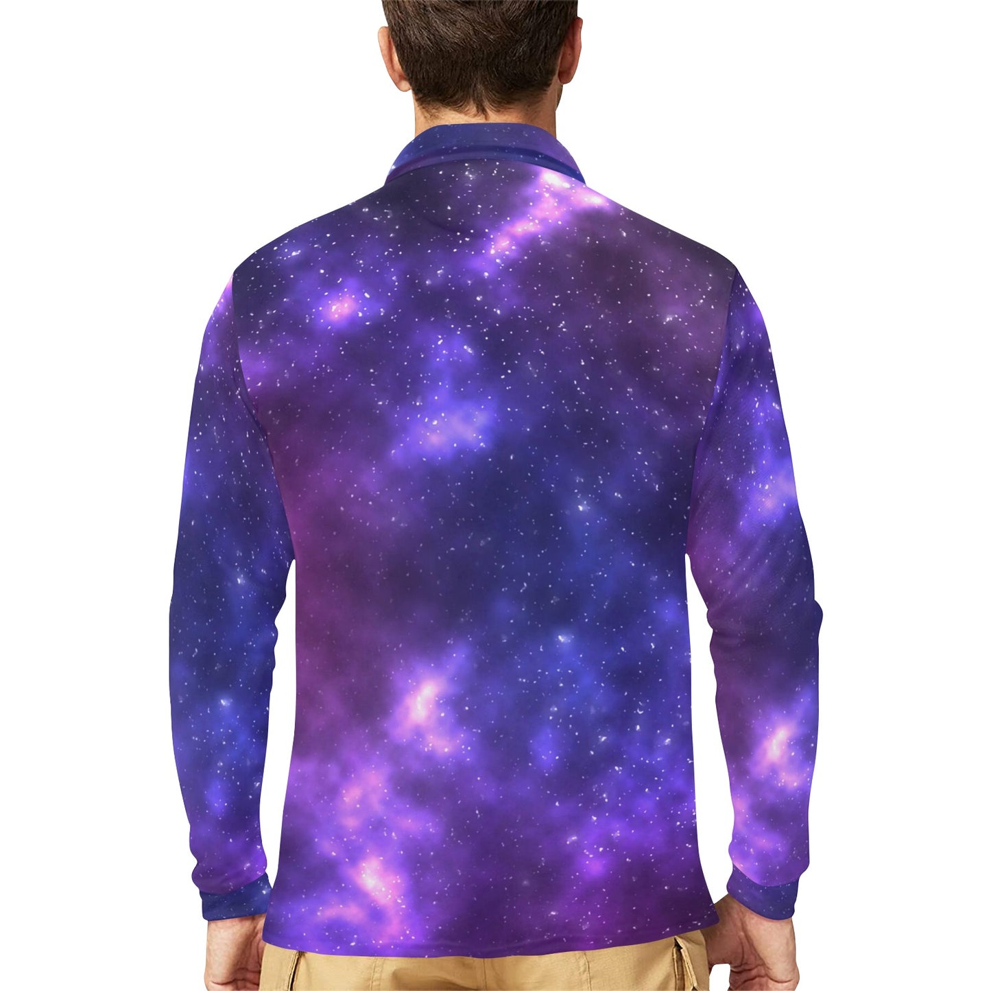 Celestial Purple Blue Galaxy Long Sleeve Polo Shirt For Men's