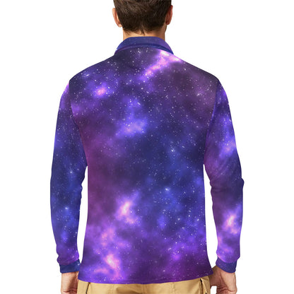 Celestial Purple Blue Galaxy Long Sleeve Polo Shirt For Men's