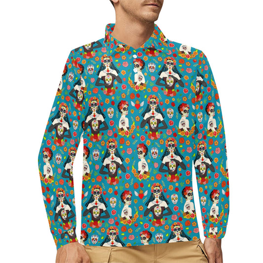 Day of the Dead Old School Girl Design Long Sleeve Polo Shirt For Men's