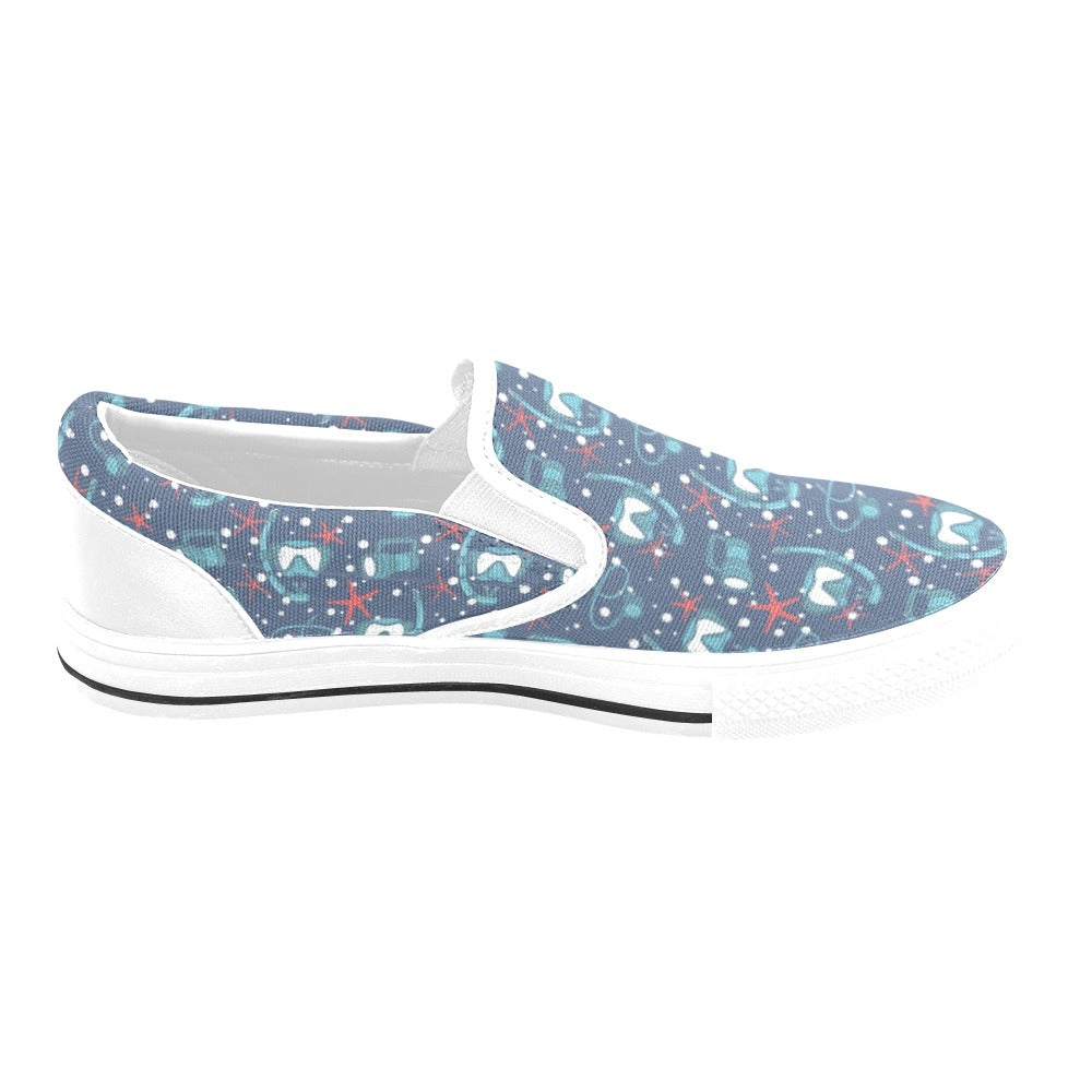 Scuba Equipment Print Design LKS302 White Slip Ons Canvas Women's Shoes