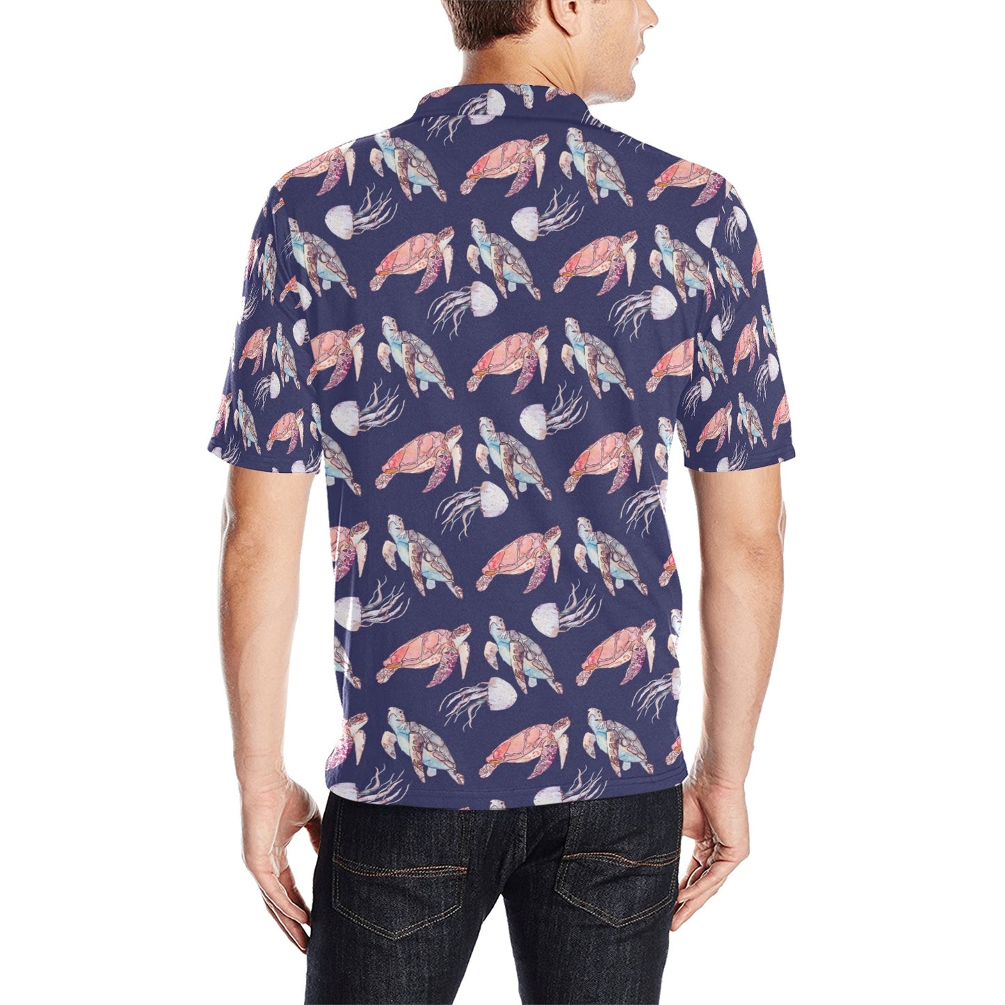 Sea Turtle With Jelly Fish Print Design LKS301 Men Polo Shirt