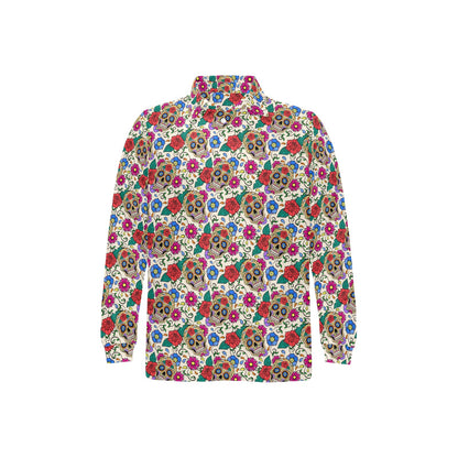 Sugar Skull Colorful Themed Print Long Sleeve Polo Shirt For Men's