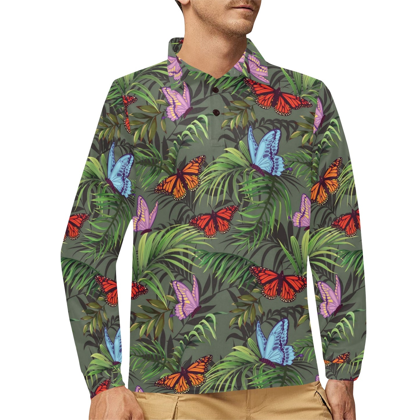 Monarch Butterfly Pattern Print Design 04 Long Sleeve Polo Shirt For Men's