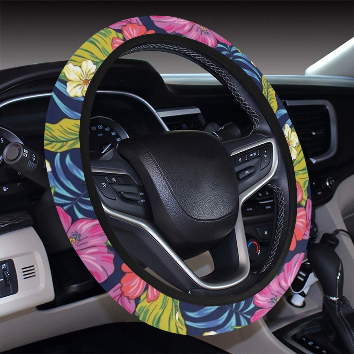 Hibiscus Print Design LKS3010 Steering Wheel Cover with Elastic Edge