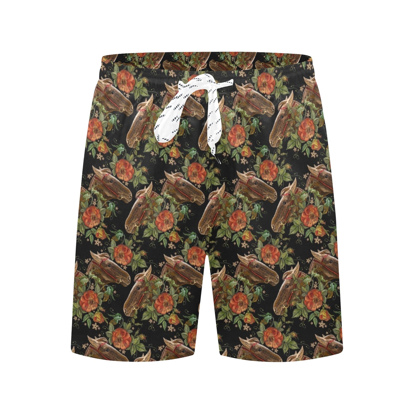 Horse Embroidery with Flower Design Men's Swim Trunks Beach Shorts