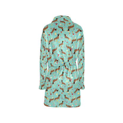 Dachshund with Floral Print Pattern Women's Fleece Robe
