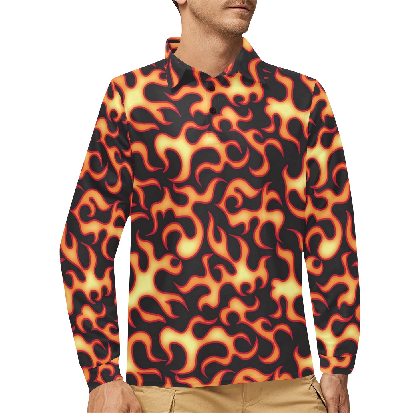 Flame Fire Themed Print Long Sleeve Polo Shirt For Men's
