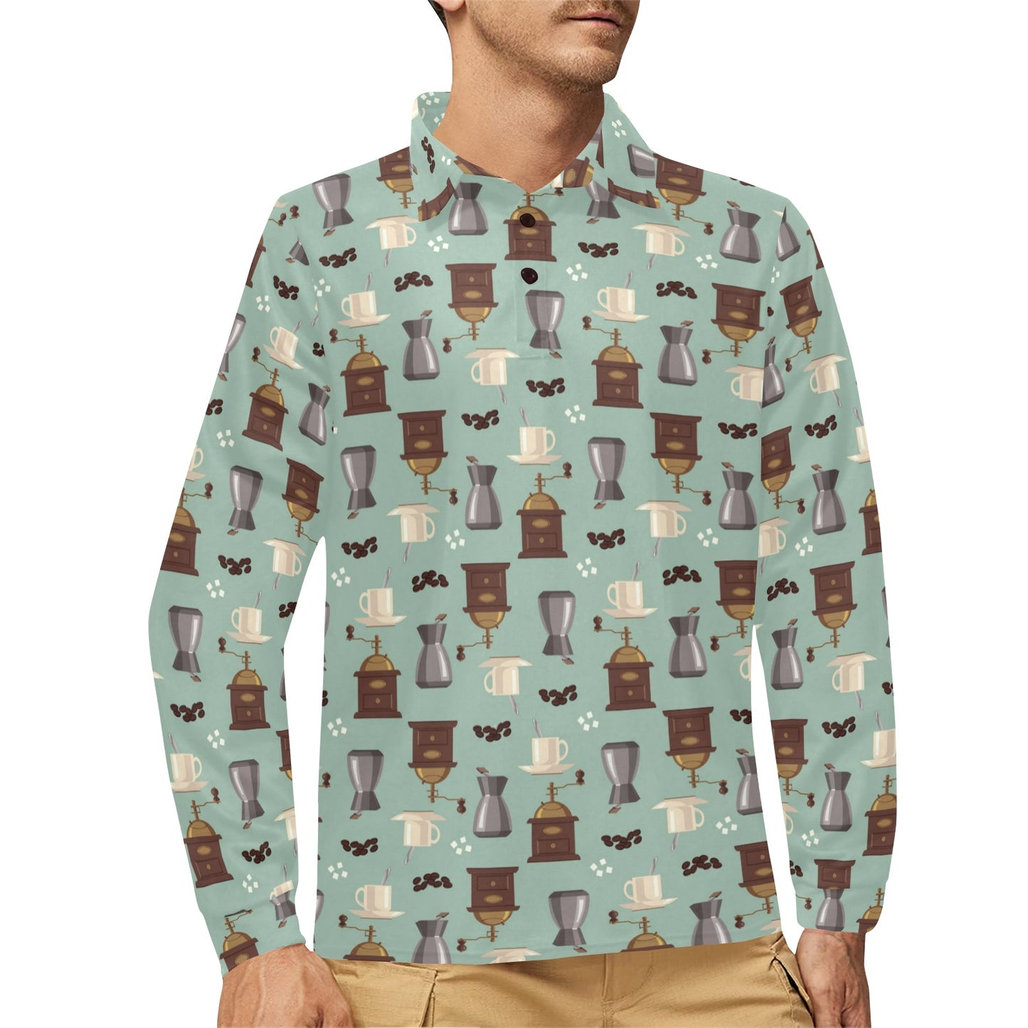 Coffee Pattern Print Design 04 Long Sleeve Polo Shirt For Men's