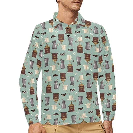 Coffee Pattern Print Design 04 Long Sleeve Polo Shirt For Men's