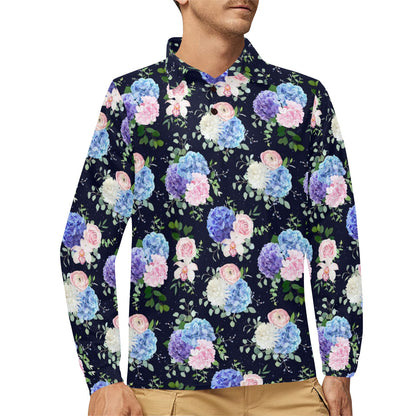 Hydrangea Pattern Print Design HD01 Long Sleeve Polo Shirt For Men's