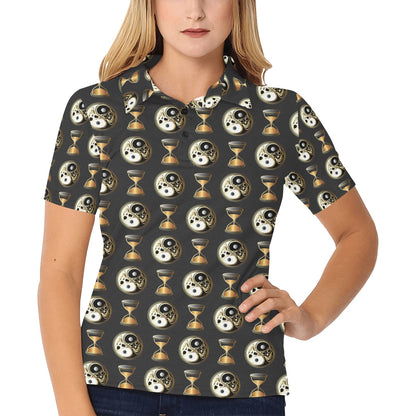 Yin Yang Skull Themed Design Print Women's Polo Shirt