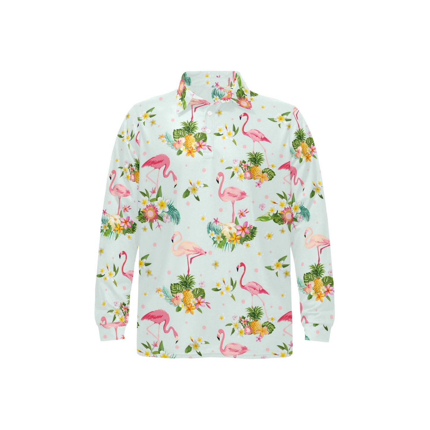 Flamingo Sweet Pattern Long Sleeve Polo Shirt For Men's