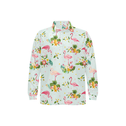 Flamingo Sweet Pattern Long Sleeve Polo Shirt For Men's