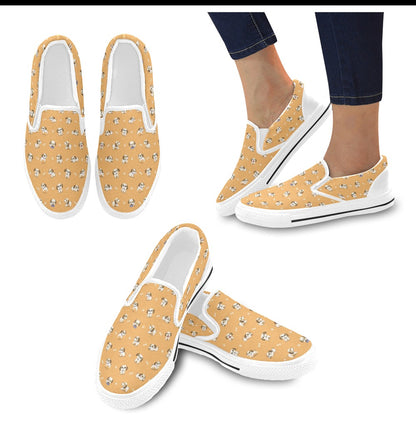 Shih Tzu Print Design LKS304 White Slip Ons Canvas Women's Shoes