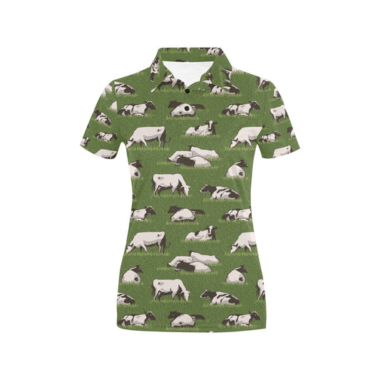 Cow on Grass Print Pattern Women's Polo Shirt
