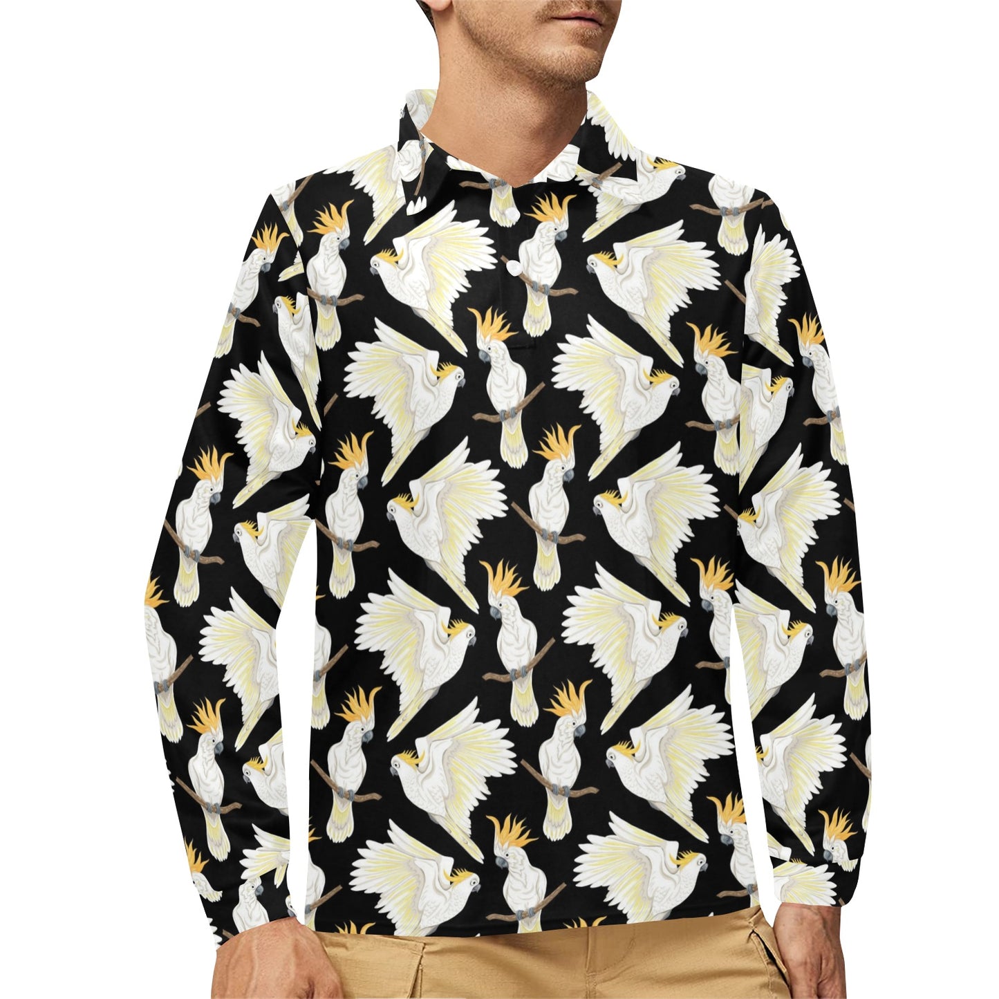 Cockatoo Print Design LKS402 Long Sleeve Polo Shirt For Men's