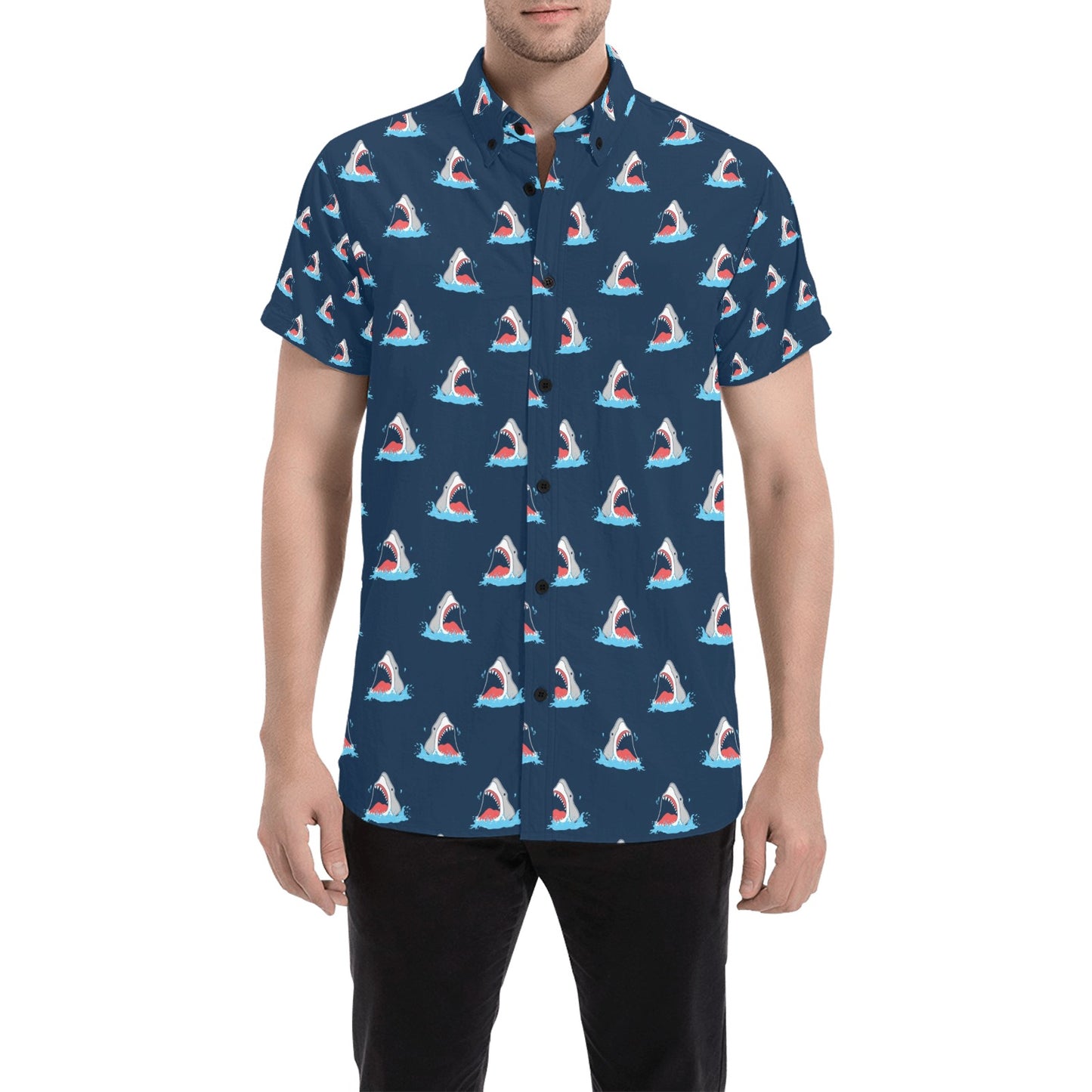 Shark Print Design LKS3010 Men Short Sleeve Button Up Shirt