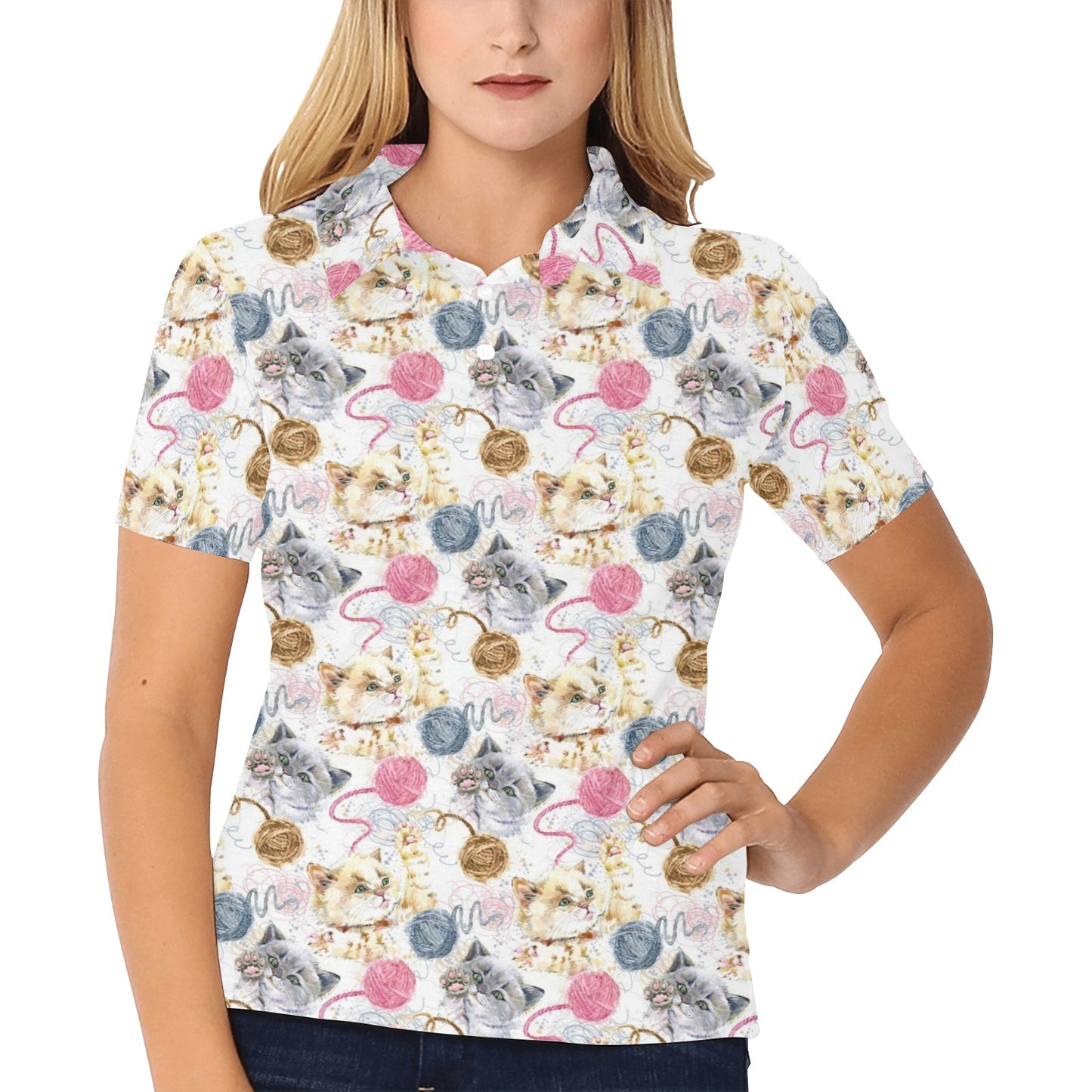 Cat Playing Yarn Pattern Print Design 07 Women's Polo Shirt