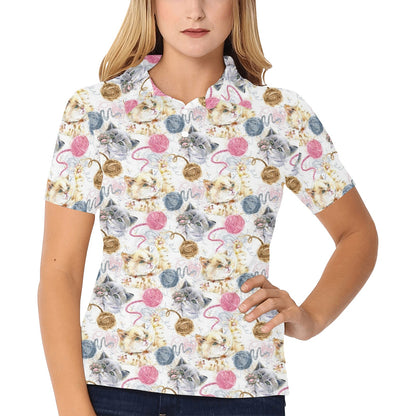 Cat Playing Yarn Pattern Print Design 07 Women's Polo Shirt