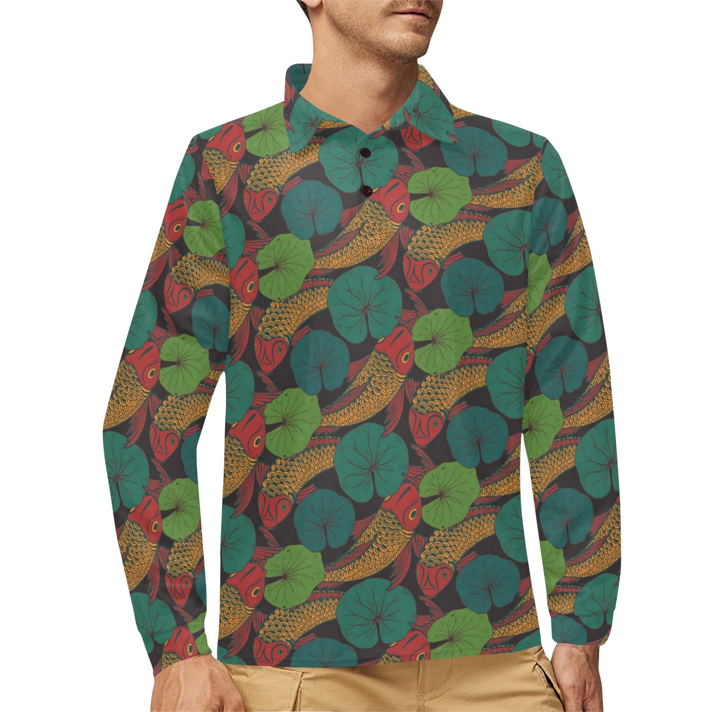 KOI Fish Pattern Print Design 01 Long Sleeve Polo Shirt For Men's