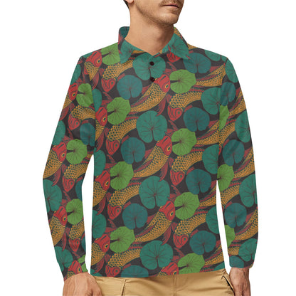 KOI Fish Pattern Print Design 01 Long Sleeve Polo Shirt For Men's