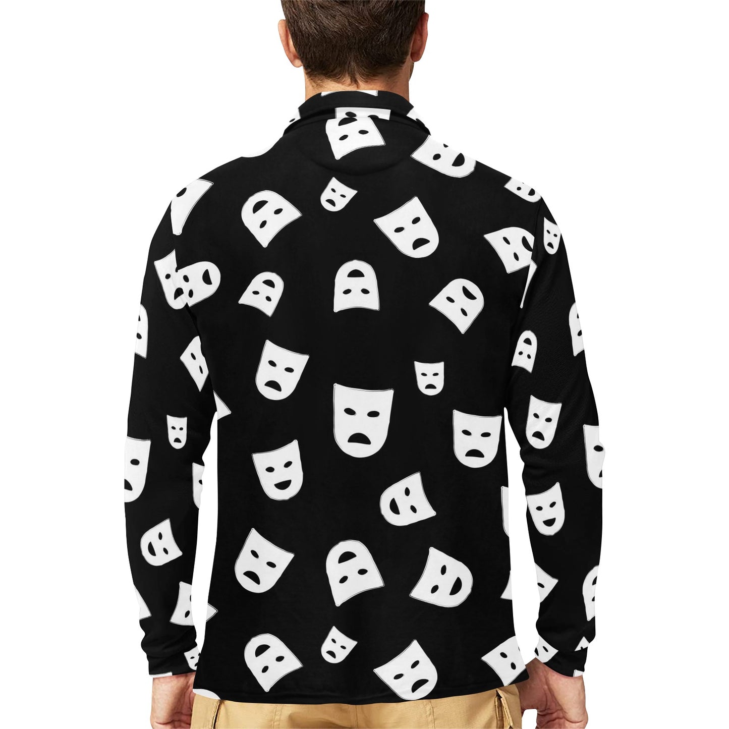 Acting Mask Pattern Print Design 03 Long Sleeve Polo Shirt For Men's
