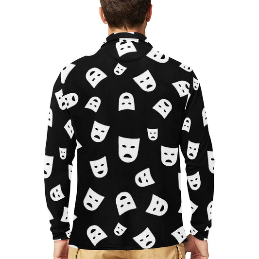 Acting Mask Pattern Print Design 03 Long Sleeve Polo Shirt For Men's
