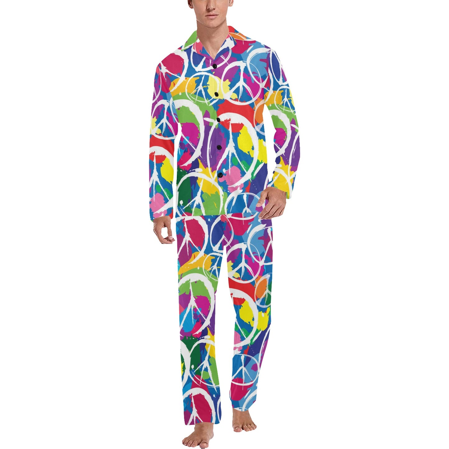 Peace Sign Colorful Pattern Print Design A02 Men's Long Pajama Set