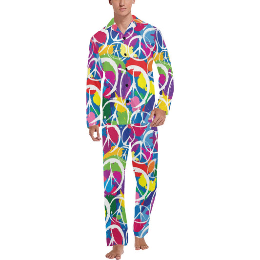 Peace Sign Colorful Pattern Print Design A02 Men's Long Pajama Set